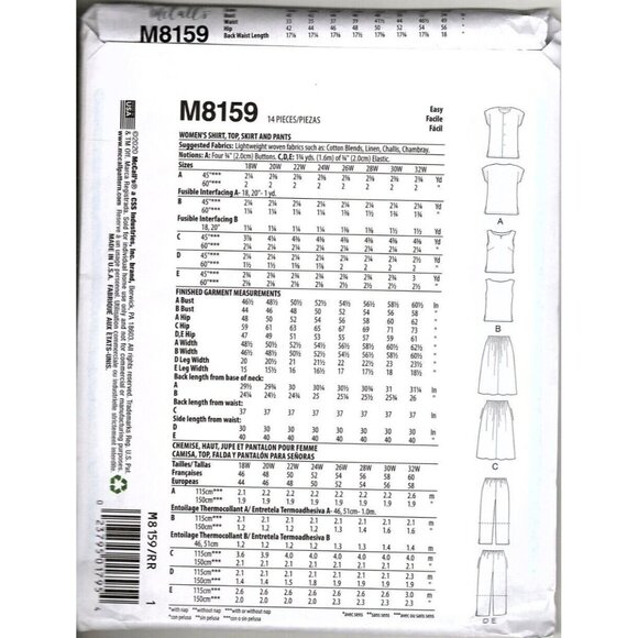 McCall's M8159 Womens 26W to 32W Skirt, Top, Dress and Pants Sewing Pattern - Picture 2 of 2